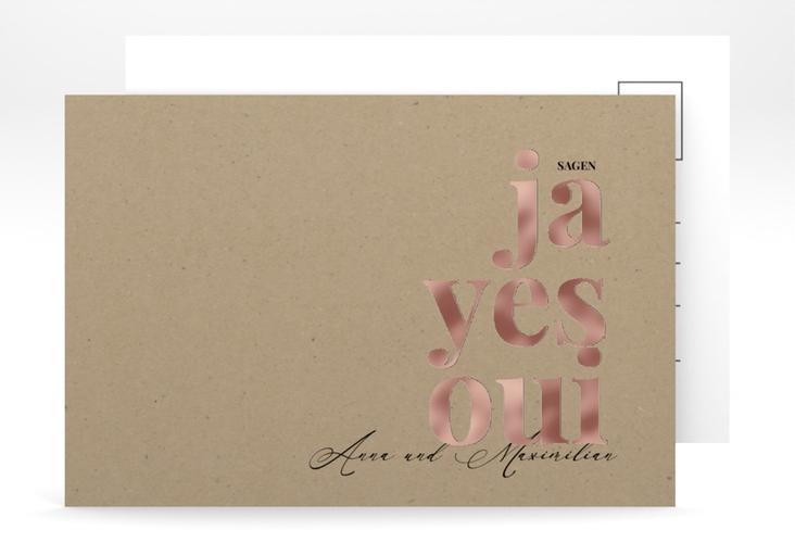 Save the Date-Postkarte Oui A6 Postkarte rosegold mit Ja-Wort in verschiedenen Sprachen