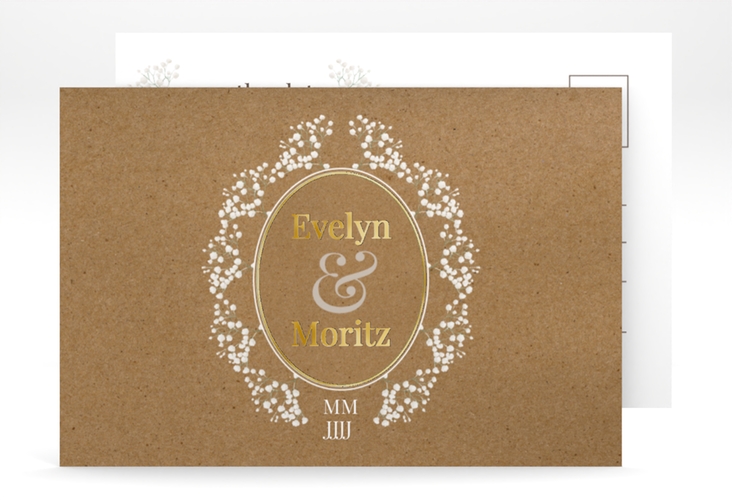 Save the Date-Postkarte Gypsophila A6 Postkarte gold im Vintage-Stil mit Blumenkranz aus Schleierkraut