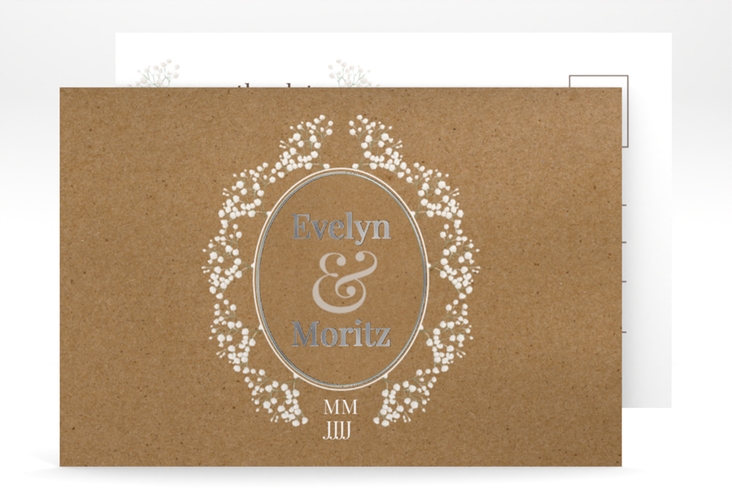 Save the Date-Postkarte Gypsophila A6 Postkarte silber im Vintage-Stil mit Blumenkranz aus Schleierkraut