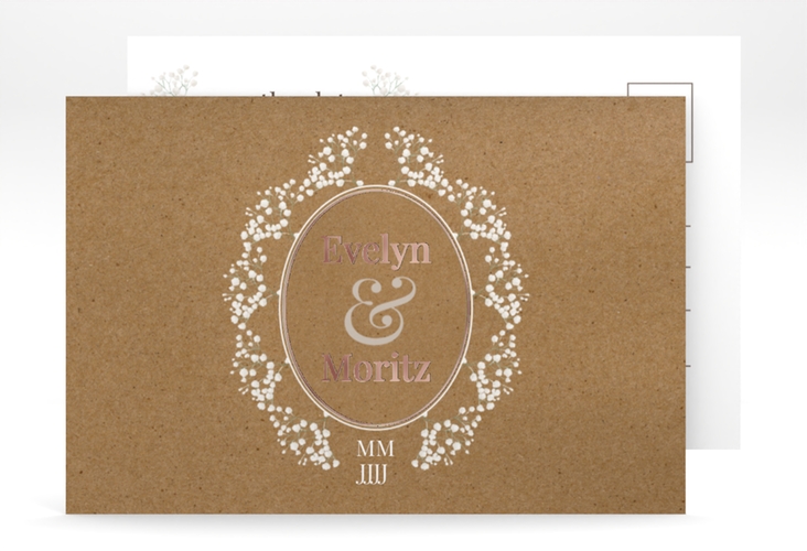 Save the Date-Postkarte Gypsophila A6 Postkarte rosegold im Vintage-Stil mit Blumenkranz aus Schleierkraut