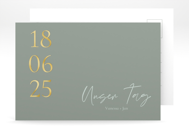 Antwortkarte Hochzeit Day A6 Postkarte gold mit Datum im minimalistischen Design