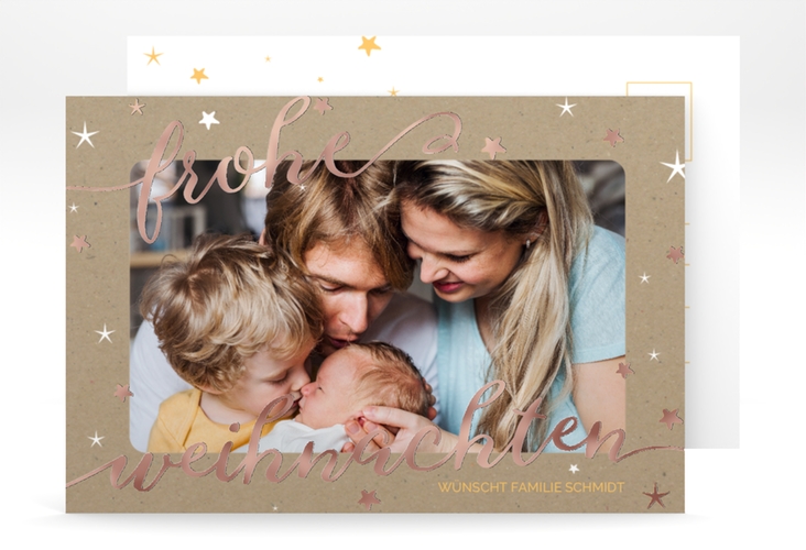 Weihnachtskarte Sternenlicht A6 Postkarte rosegold mit Foto und Sternen