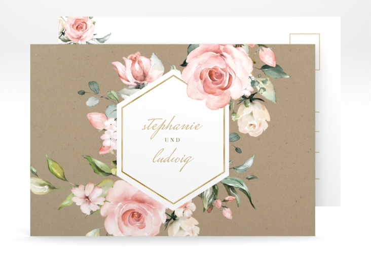 Save the Date-Postkarte Graceful A6 Postkarte gold mit Rosenblüten in Rosa und Weiß