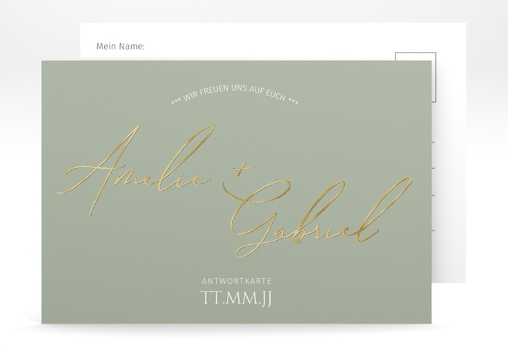 Antwortkarte Hochzeit Federschrift A6 Postkarte gold in schlichtem Design mit Kalligrafie