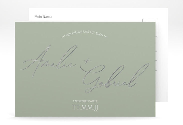 Antwortkarte Hochzeit Federschrift A6 Postkarte silber in schlichtem Design mit Kalligrafie