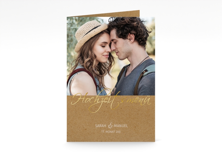 Menükarte Hochzeit Big Picture A5 Klappkarte hoch gold mit Foto des Brautpaars