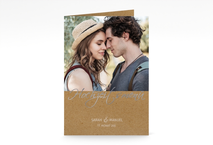 Menükarte Hochzeit Big Picture A5 Klappkarte hoch silber mit Foto des Brautpaars
