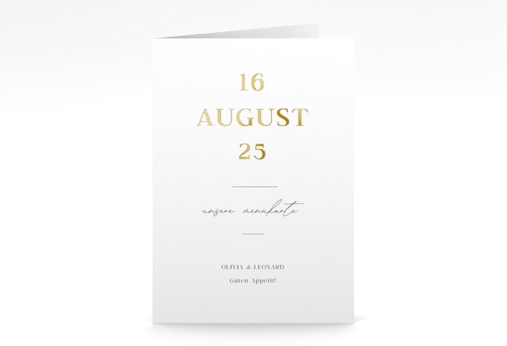Menükarte Hochzeit Authentisch A5 Klappkarte hoch gold in schlichtem Design mit großem Hochzeitsdatum