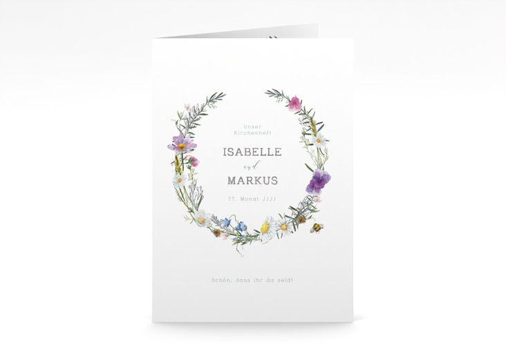 Kirchenheft Hochzeit Blumengarten A5 Klappkarte hoch silber mit Blumenkranz und Hummel