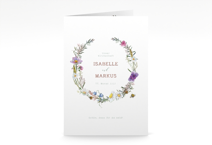 Kirchenheft Hochzeit Blumengarten A5 Klappkarte hoch rosegold mit Blumenkranz und Hummel