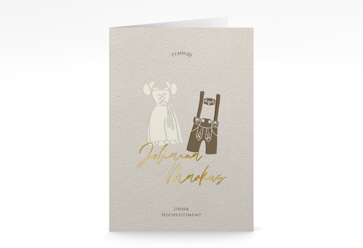 Menükarte Hochzeit Trachtenhochzeit A5 Klappkarte hoch gold mit Dirndl und Lederhose