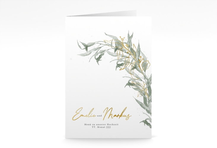 Menükarte Hochzeit Eucalyptus Green A5 Klappkarte hoch gold