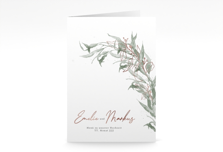 Menükarte Hochzeit Eucalyptus Green A5 Klappkarte hoch rosegold