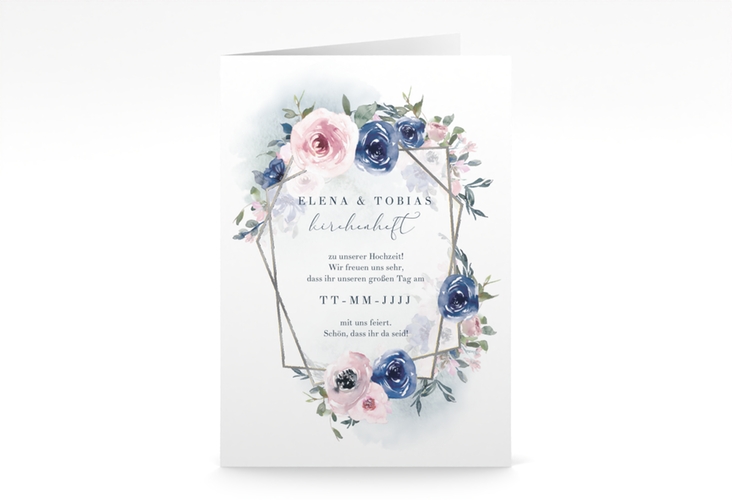 Kirchenheft Hochzeit Dustyblue A5 Klappkarte hoch silber