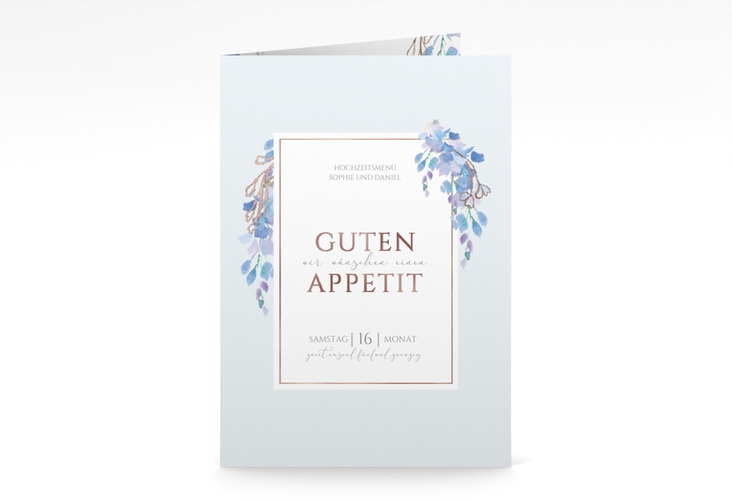 Menükarte Hochzeit Blauregen A5 Klappkarte hoch rosegold mit Wisteria-Blüten