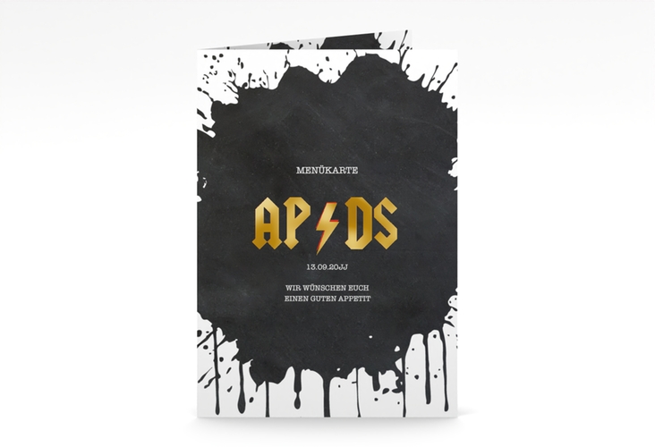 Menükarte Hochzeit Hardrock A5 Klappkarte hoch gold für Rockband-Fans