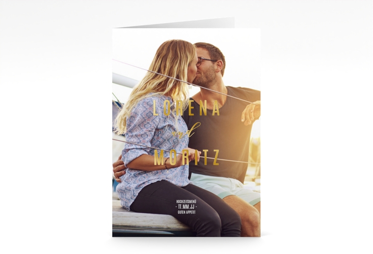 Menükarte Hochzeit Memory A5 Klappkarte hoch gold