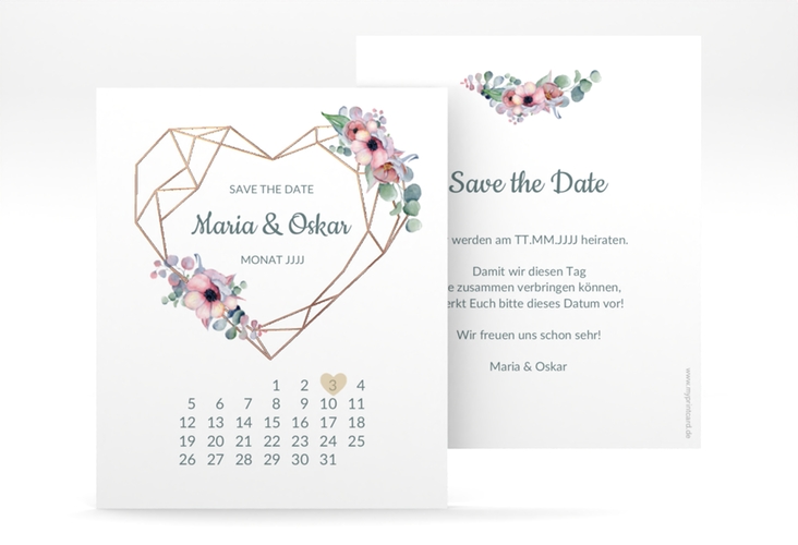 Save the Date-Kalenderblatt Herzgold Kalenderblatt-Karte rosegold