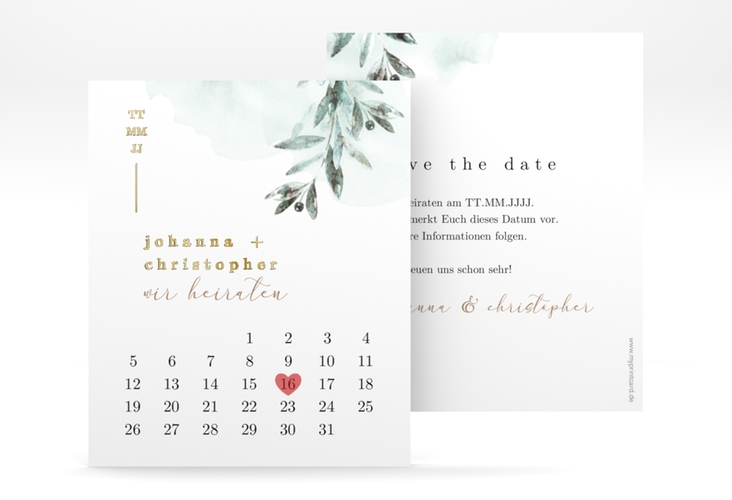 Save the Date-Kalenderblatt Mediterran Kalenderblatt-Karte gold mit Lorbeerzweig in Aquarell
