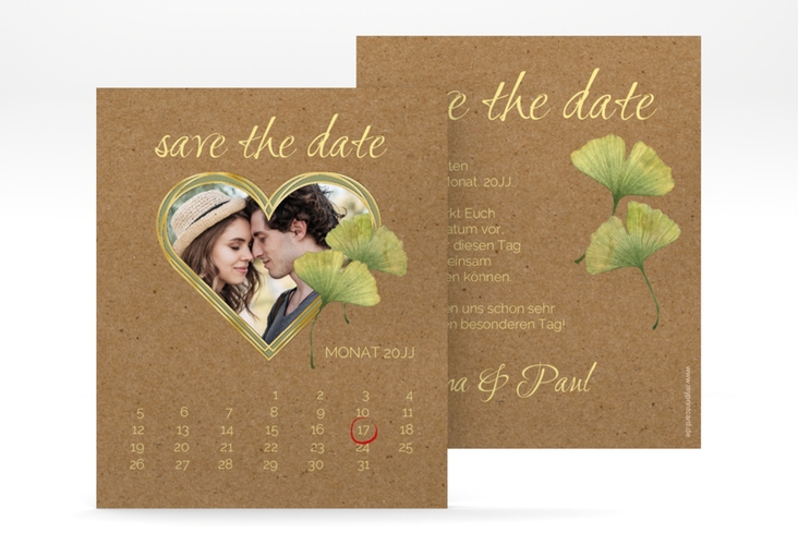 Save the Date-Kalenderblatt Ginko Kalenderblatt-Karte gold mit Herz und zwei Ginkgo-Blättern