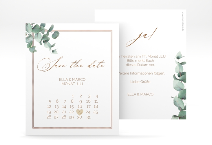 Save the Date-Kalenderblatt Eucalypt Kalenderblatt-Karte rosegold mit Eukalyptus und edlem Rahmen