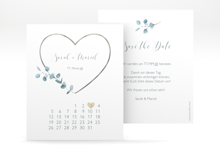 Save the Date-Kalenderblatt Greenheart Kalenderblatt-Karte silber mit elegantem Herz und Eukalyptus-Zweig