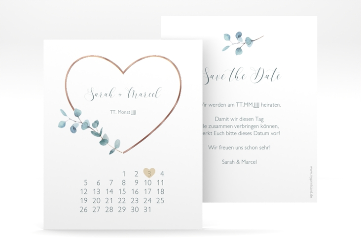 Save the Date-Kalenderblatt Greenheart Kalenderblatt-Karte rosegold mit elegantem Herz und Eukalyptus-Zweig