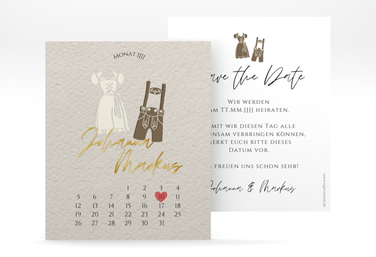 Save the Date-Kalenderblatt Trachtenhochzeit Kalenderblatt-Karte gold mit Dirndl und Lederhose