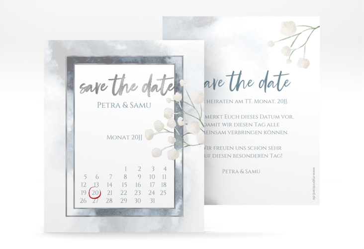 Save the Date-Kalenderblatt Winter Kalenderblatt-Karte silber mit Schleierkraut