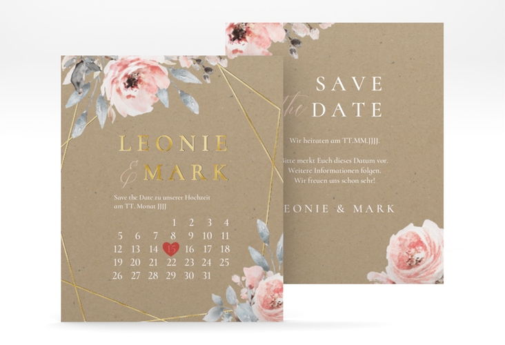Save the Date-Kalenderblatt Perfection Kalenderblatt-Karte gold mit rosa Rosen