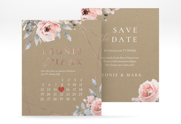 Save the Date-Kalenderblatt Perfection Kalenderblatt-Karte rosegold mit rosa Rosen