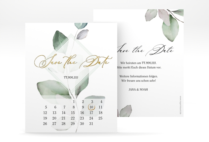 Save the Date-Kalenderblatt Foglia Kalenderblatt-Karte gold edel mit Eukalyptus im Aquarell-Design
