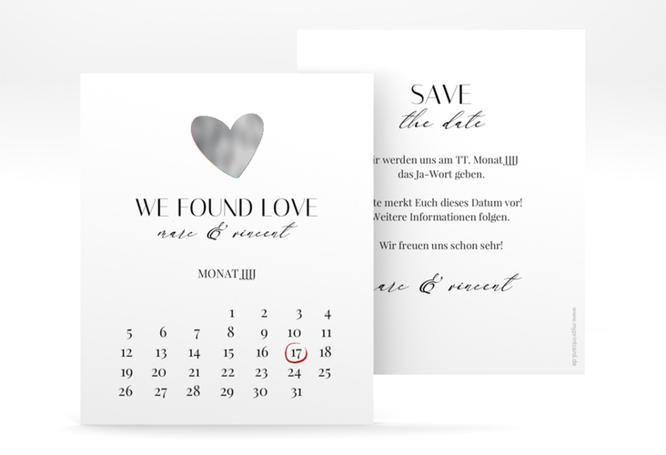 Save the Date-Kalenderblatt Liebesbote Kalenderblatt-Karte silber
