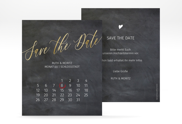 Save the Date-Kalenderblatt Chalkboard Kalenderblatt-Karte gold mit Folie