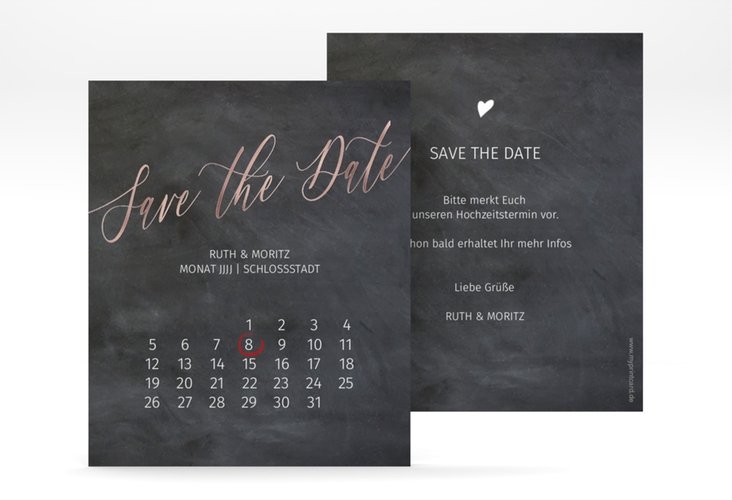 Save the Date-Kalenderblatt Chalkboard Kalenderblatt-Karte rosegold mit Folie