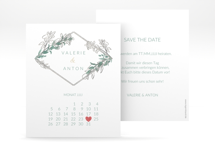 Save the Date-Kalenderblatt Verde Kalenderblatt-Karte silber