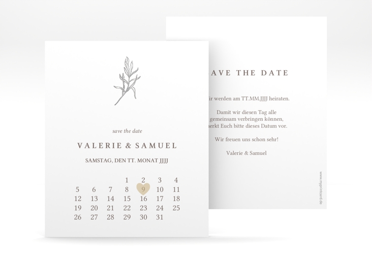 Save the Date-Kalenderblatt Ivy Kalenderblatt-Karte silber minimalistisch mit kleiner botanischer Illustration