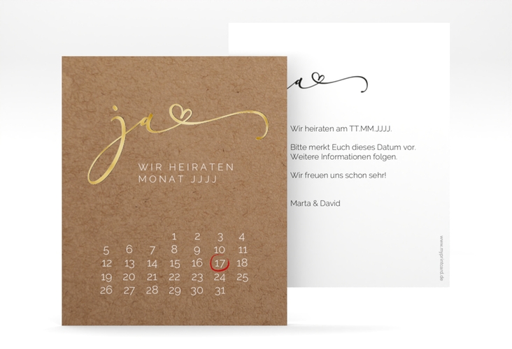 Save the Date-Kalenderblatt Jawort Kalenderblatt-Karte gold modern minimalistisch mit veredelter Aufschrift
