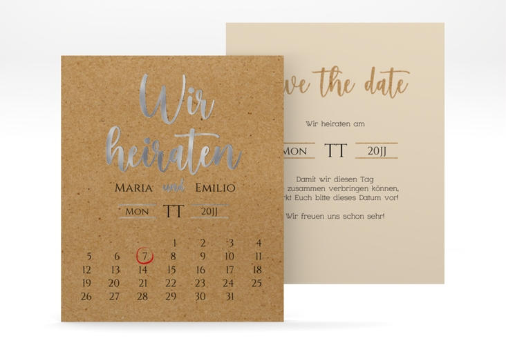 Save the Date-Kalenderblatt Noble Kalenderblatt-Karte silber mit elegantem Schriftzug