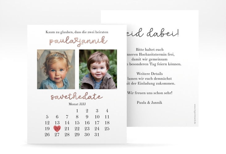 Save the Date-Kalenderblatt Kindheitsfotos Kalenderblatt-Karte rosegold