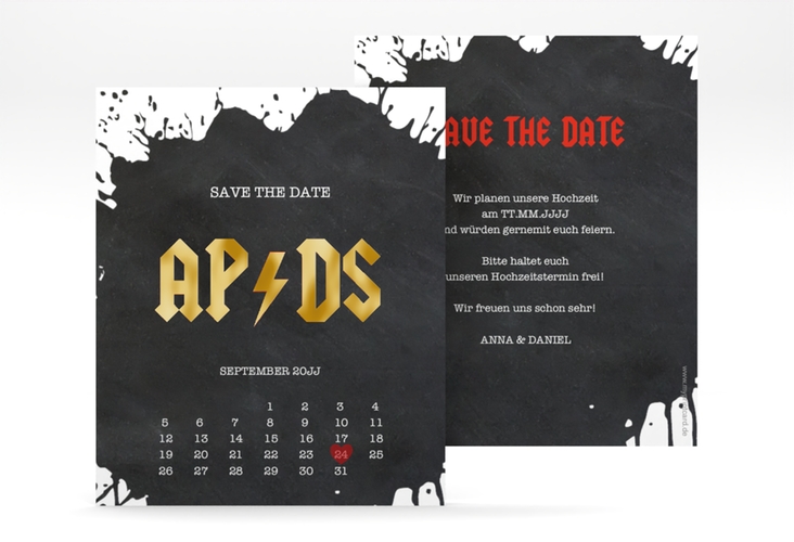 Save the Date-Kalenderblatt Hardrock Kalenderblatt-Karte gold für Rockband-Fans
