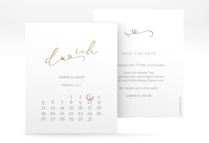 Save the Date-Kalenderblatt Zweisamkeit Kalenderblatt-Karte gold im minimalistischen Stil mit Aufschrift du & ich