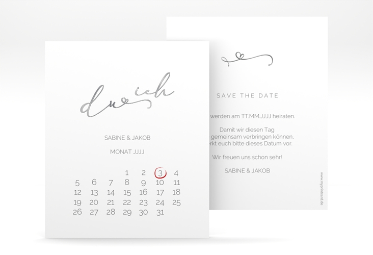 Save the Date-Kalenderblatt Zweisamkeit Kalenderblatt-Karte silber im minimalistischen Stil mit Aufschrift du & ich