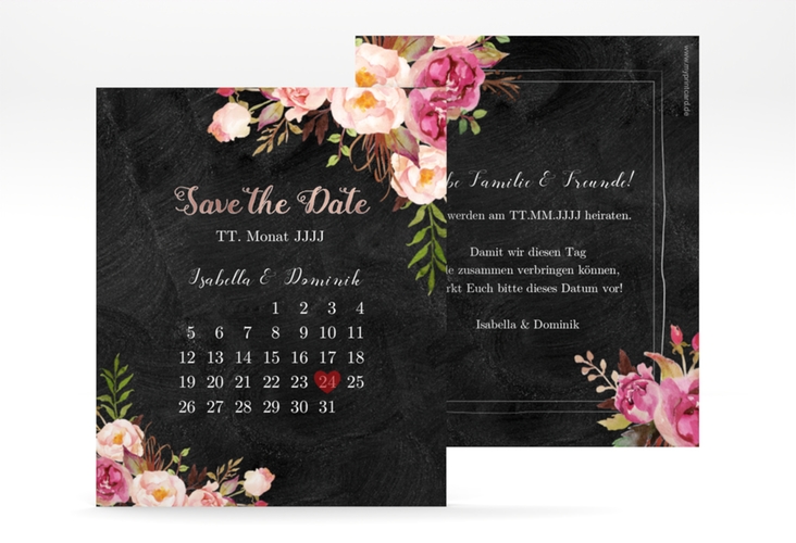 Save the Date-Kalenderblatt Flowers Kalenderblatt-Karte rosegold mit bunten Aquarell-Blumen