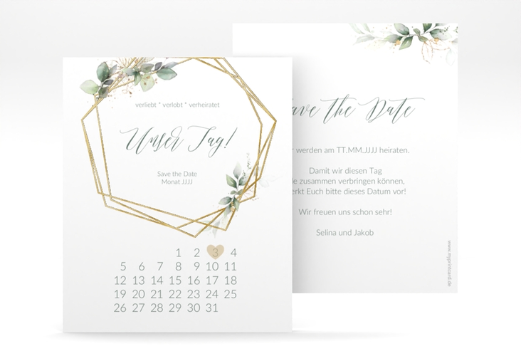 Save the Date-Kalenderblatt Greenish Kalenderblatt-Karte gold