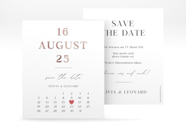 Save the Date-Kalenderblatt Authentisch Kalenderblatt-Karte rosegold in schlichtem Design mit großem Hochzeitsdatum