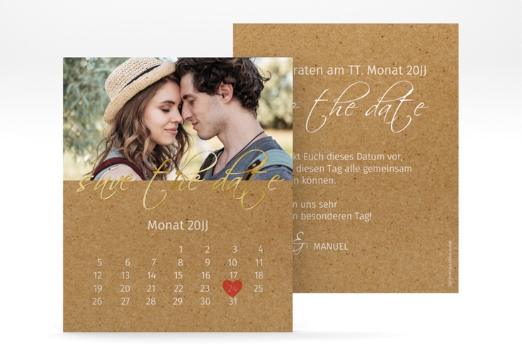 Save the Date-Kalenderblatt Big Picture Kalenderblatt-Karte gold mit Foto des Brautpaars