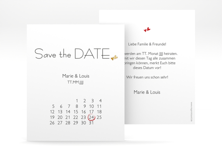 Save the Date-Kalenderblatt Twohearts Kalenderblatt-Karte gold