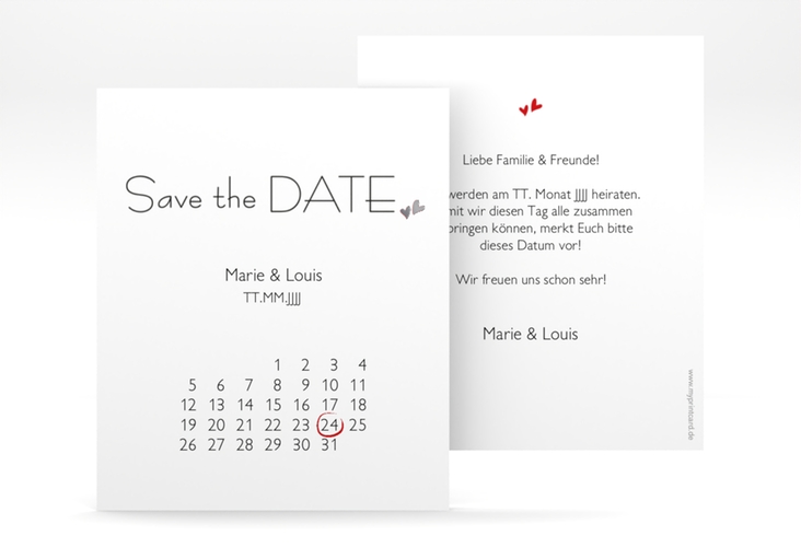 Save the Date-Kalenderblatt Twohearts Kalenderblatt-Karte silber