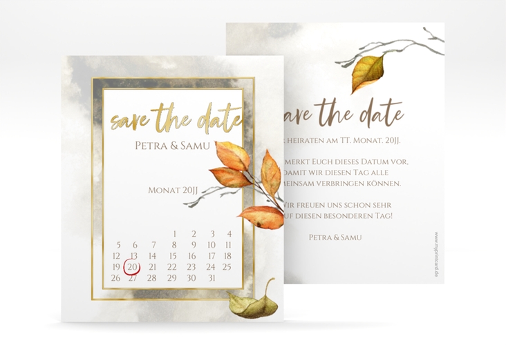 Save the Date-Kalenderblatt Herbst Kalenderblatt-Karte gold mit orangefarbigem Herbstlaub in Aquarell
